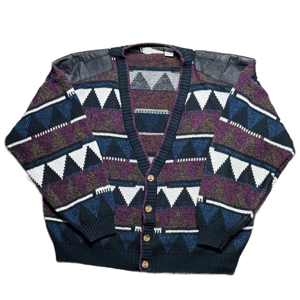 Vintage Michael Gerald Geometric Cardigan Leather Shoulder‎ Pads 90s Sweater
